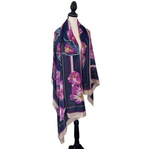 Luxury 100% Silk Oversized Scarf Navy Pink Tulip Blooming Floral Wrap Shawl